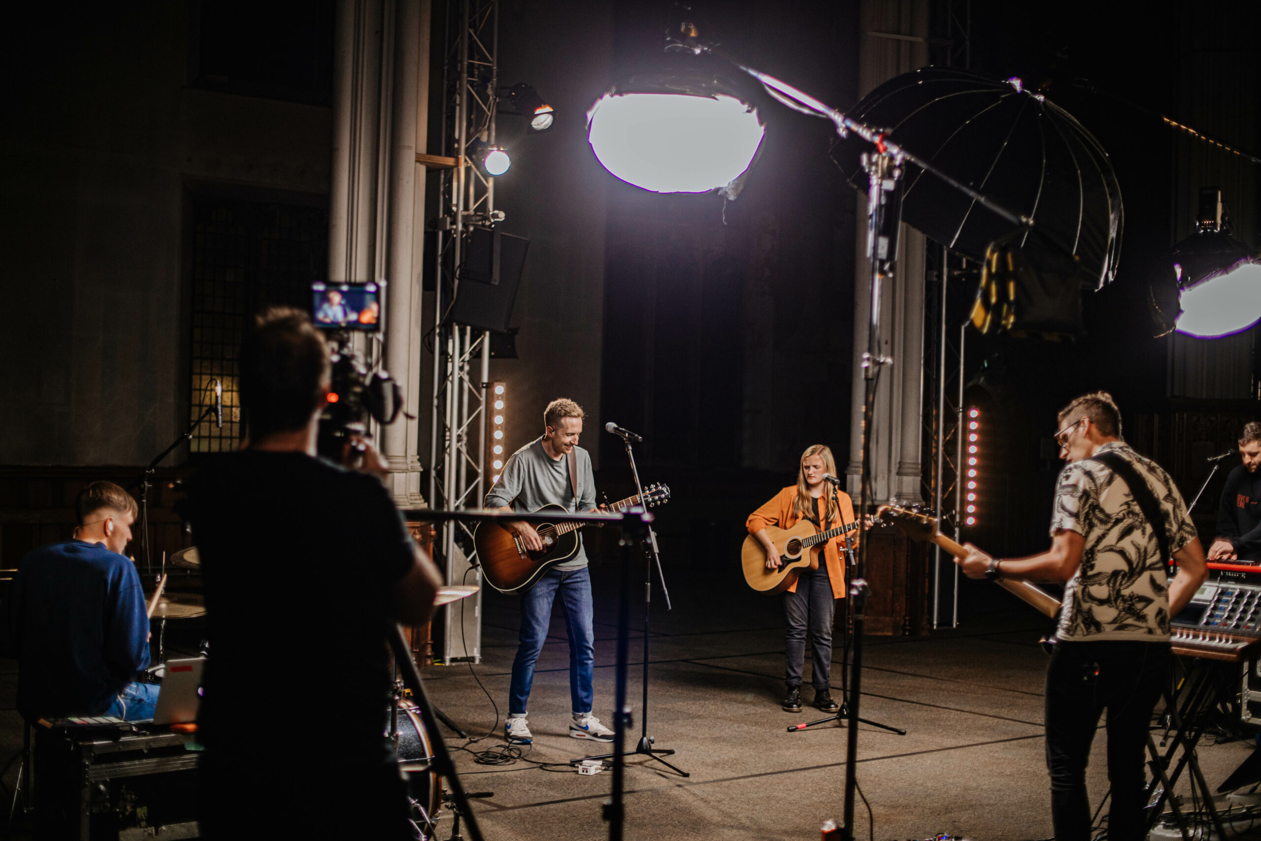 The worship band recording during the pandemic for Church Online